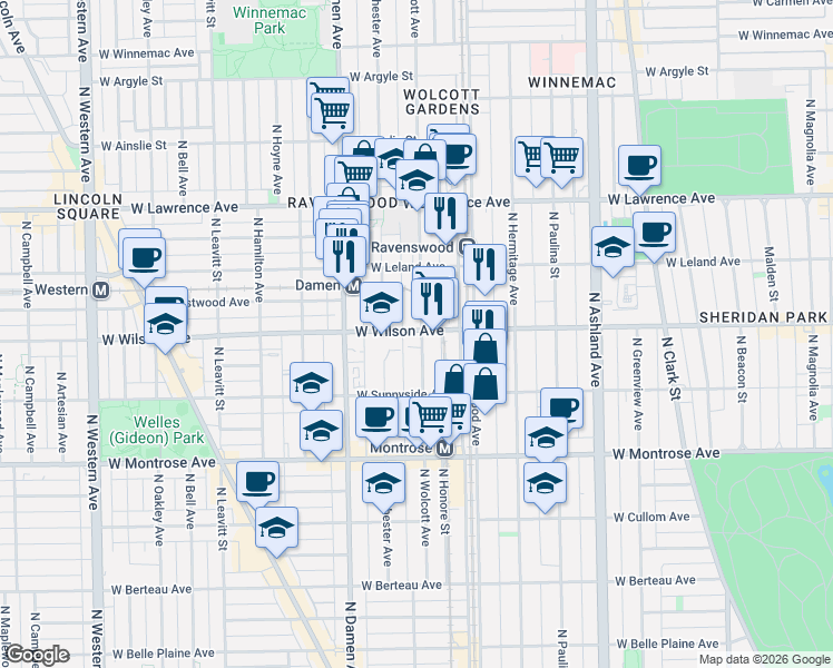 map of restaurants, bars, coffee shops, grocery stores, and more near 4610 North Wolcott Avenue in Chicago