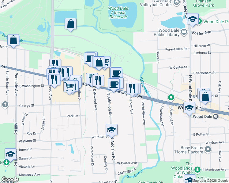 map of restaurants, bars, coffee shops, grocery stores, and more near 335 West Irving Park Road in Wood Dale