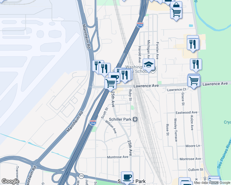 map of restaurants, bars, coffee shops, grocery stores, and more near 4751 25th Avenue in Schiller Park