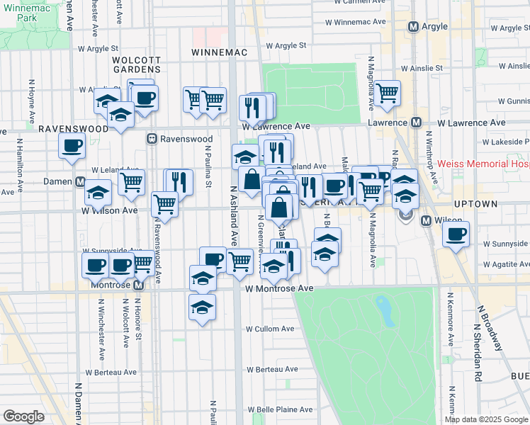 map of restaurants, bars, coffee shops, grocery stores, and more near 1455 West Wilson Avenue in Chicago