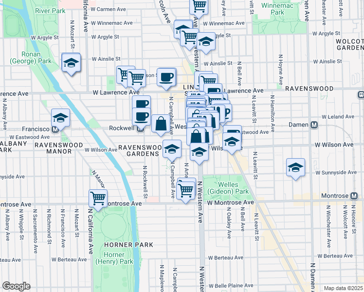 map of restaurants, bars, coffee shops, grocery stores, and more near 2438 West Wilson Avenue in Chicago