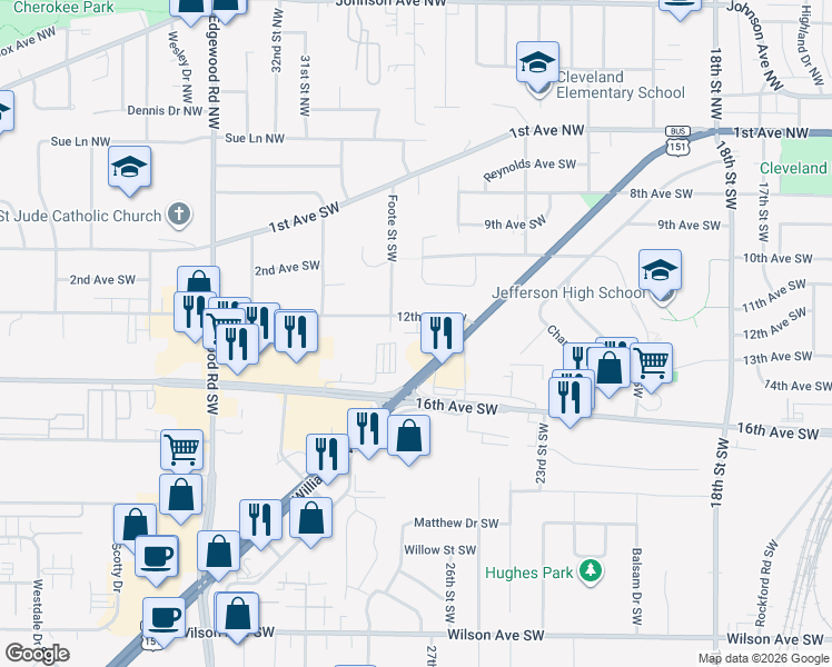 map of restaurants, bars, coffee shops, grocery stores, and more near 2701 12th Avenue Southwest in Cedar Rapids