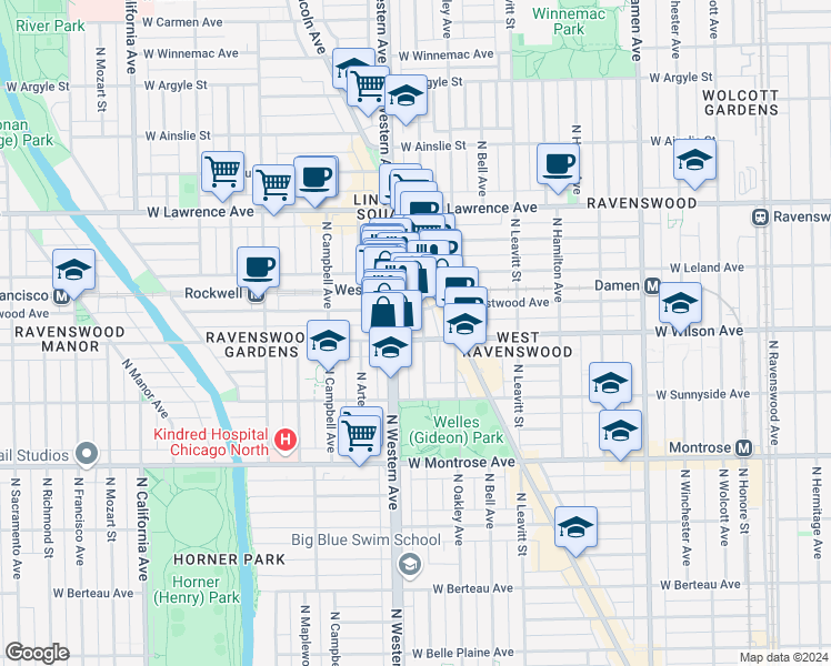 map of restaurants, bars, coffee shops, grocery stores, and more near 2338 West Wilson Avenue in Chicago