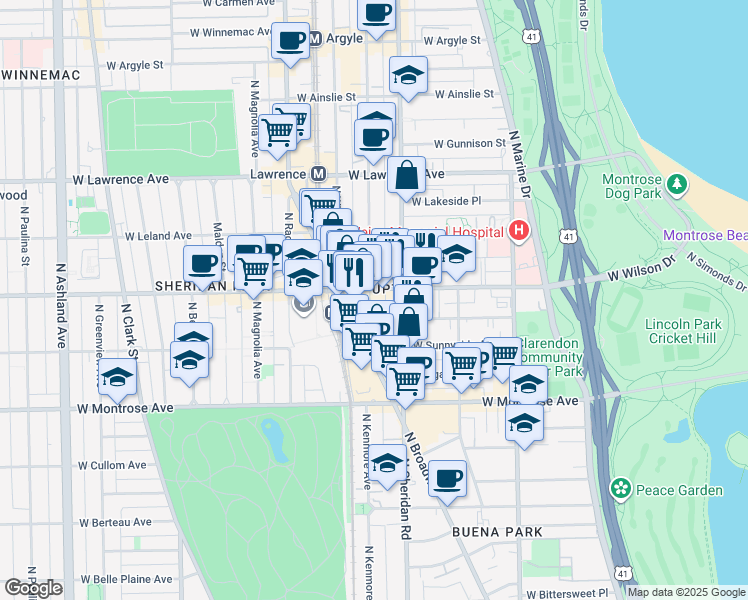 map of restaurants, bars, coffee shops, grocery stores, and more near in Chicago