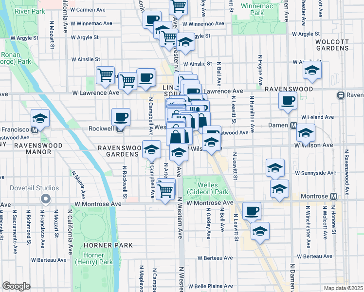 map of restaurants, bars, coffee shops, grocery stores, and more near 4603 North Western Avenue in Chicago