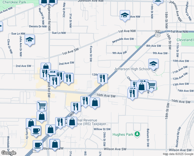 map of restaurants, bars, coffee shops, grocery stores, and more near 2701 12th Avenue Southwest in Cedar Rapids