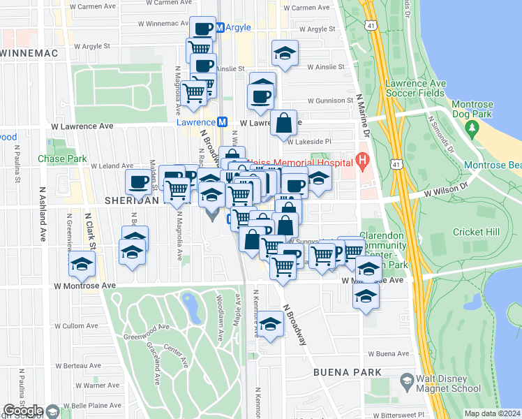 map of restaurants, bars, coffee shops, grocery stores, and more near in Chicago