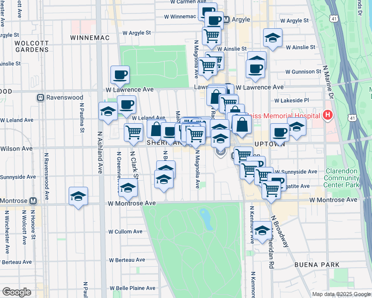 map of restaurants, bars, coffee shops, grocery stores, and more near 4600 North Magnolia Avenue in Chicago