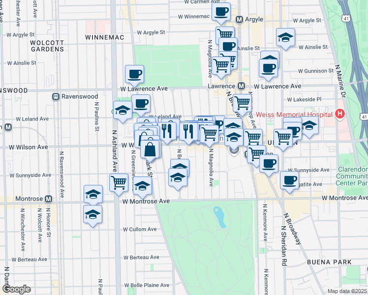 map of restaurants, bars, coffee shops, grocery stores, and more near 4550 Malden Street in Chicago