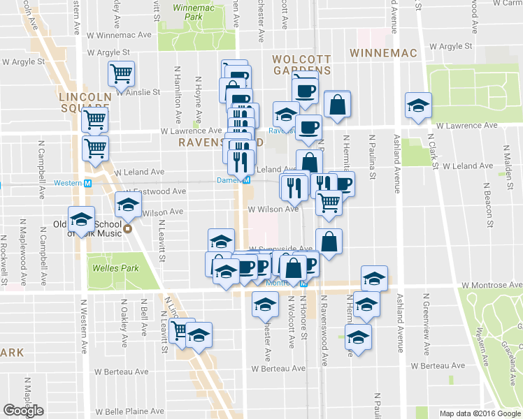 map of restaurants, bars, coffee shops, grocery stores, and more near 4600 North Winchester Avenue in Chicago