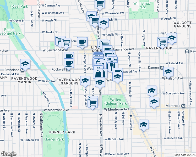 map of restaurants, bars, coffee shops, grocery stores, and more near 4619 North Western Avenue in Chicago