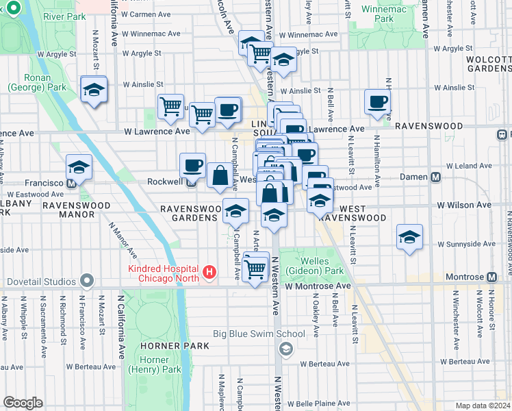 map of restaurants, bars, coffee shops, grocery stores, and more near 2427 West Eastwood Avenue in Chicago