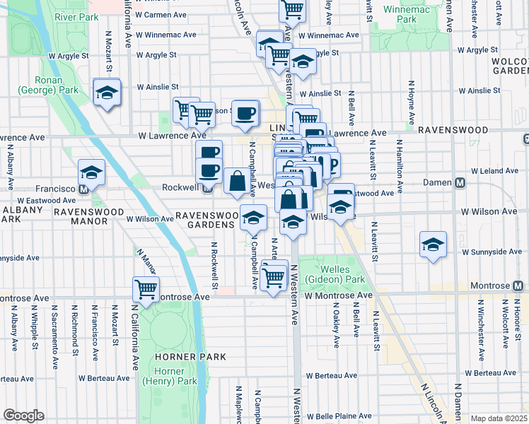 map of restaurants, bars, coffee shops, grocery stores, and more near 2427 West Eastwood Avenue in Chicago