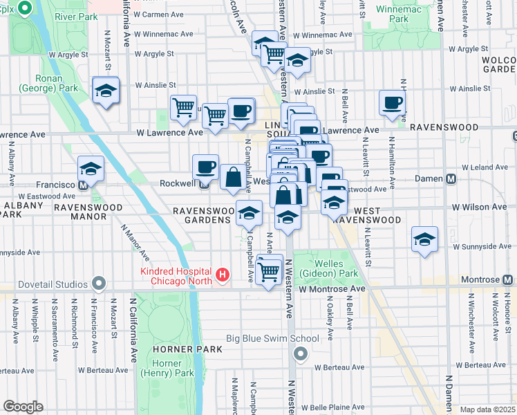 map of restaurants, bars, coffee shops, grocery stores, and more near 2427 West Eastwood Avenue in Chicago