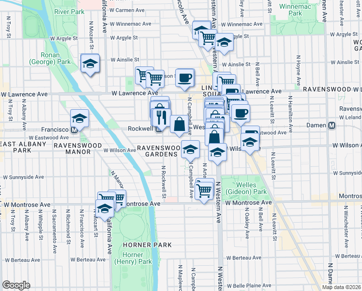 map of restaurants, bars, coffee shops, grocery stores, and more near 2501 West Eastwood Avenue in Chicago