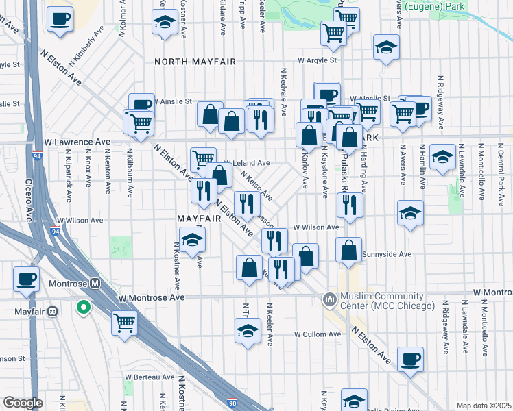 map of restaurants, bars, coffee shops, grocery stores, and more near 4651 North Kiona Avenue in Chicago