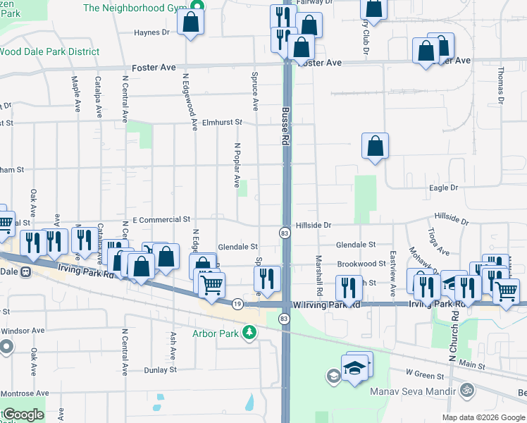 map of restaurants, bars, coffee shops, grocery stores, and more near 1205 Twin Oak Street in Bensenville