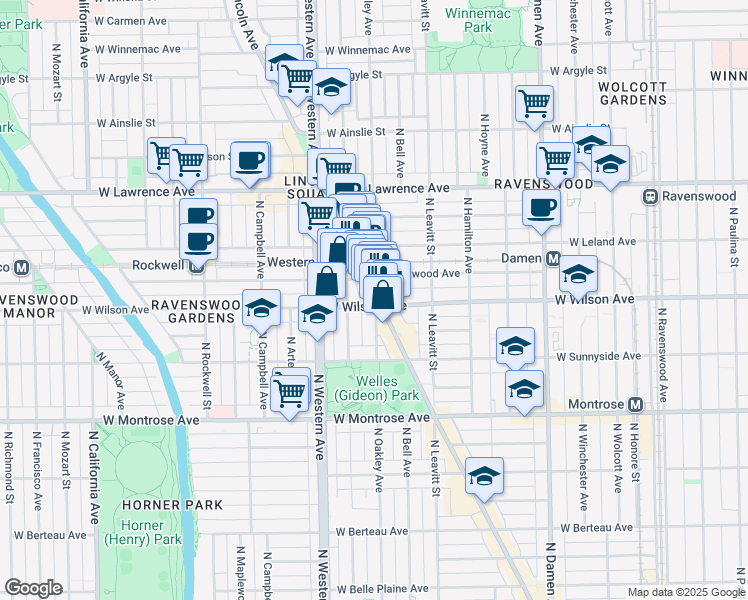 map of restaurants, bars, coffee shops, grocery stores, and more near 4600 North Lincoln Avenue in Chicago