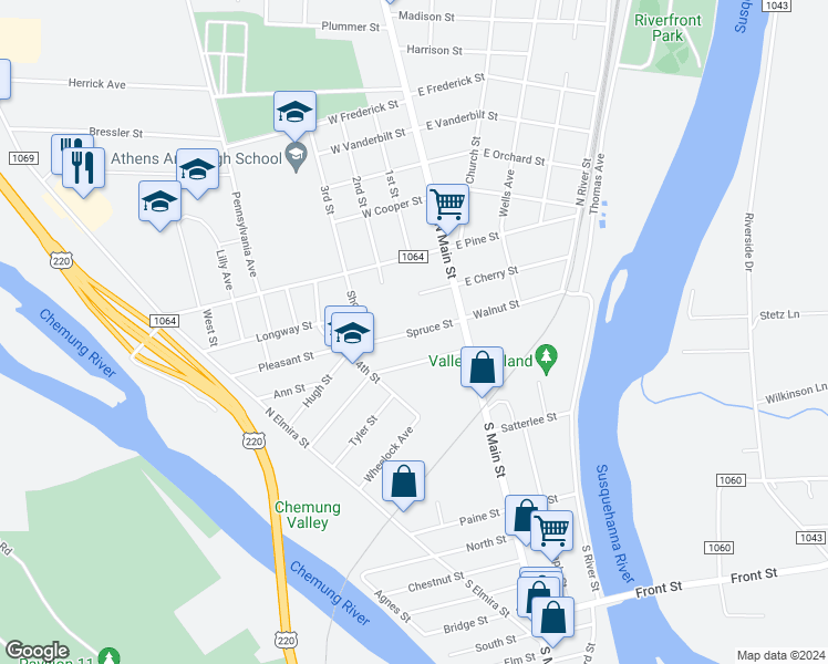 map of restaurants, bars, coffee shops, grocery stores, and more near 119 Spruce Street in Athens
