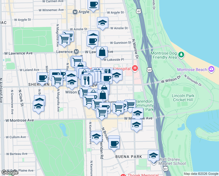 map of restaurants, bars, coffee shops, grocery stores, and more near 927 West Wilson Avenue in Chicago
