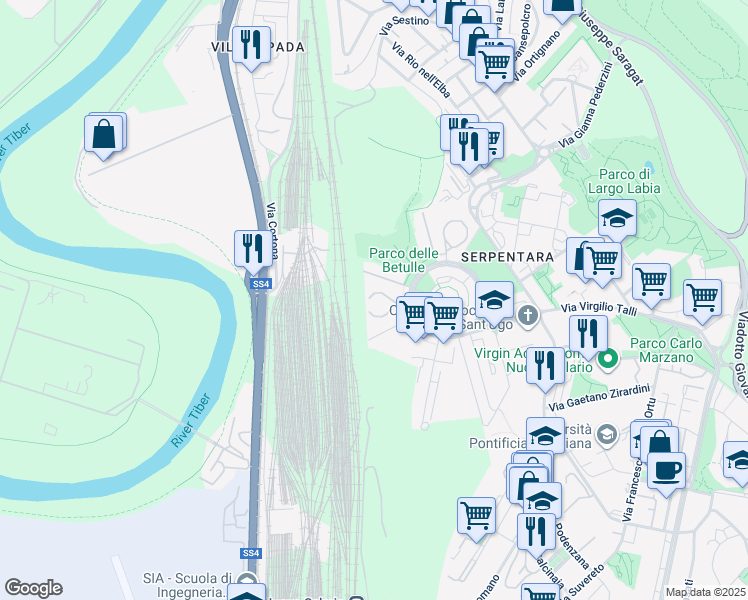 map of restaurants, bars, coffee shops, grocery stores, and more near 50 Via Romano Calò in Roma