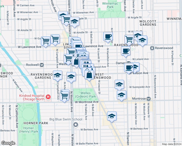 map of restaurants, bars, coffee shops, grocery stores, and more near 2234 West Wilson Avenue in Chicago