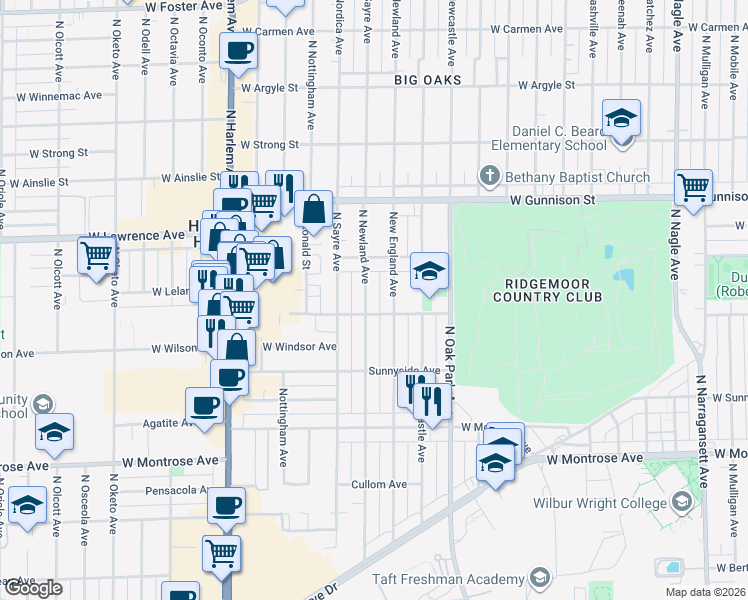 map of restaurants, bars, coffee shops, grocery stores, and more near 4625 North Newland Avenue in Harwood Heights