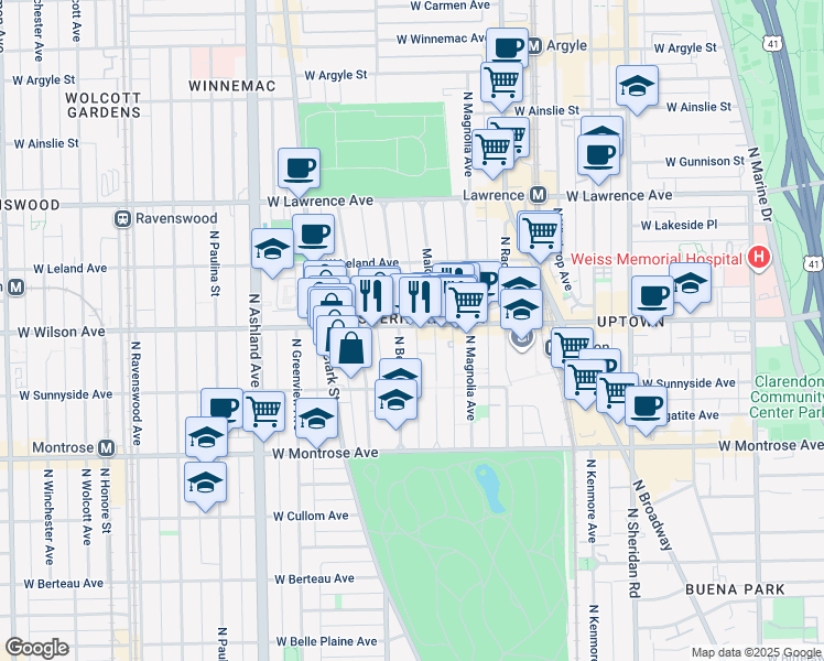 map of restaurants, bars, coffee shops, grocery stores, and more near 1325 West Wilson Avenue in Chicago