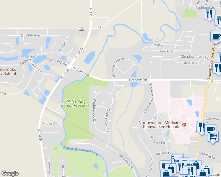 map of restaurants, bars, coffee shops, grocery stores, and more near 3063 Fairway Oaks Drive in DeKalb