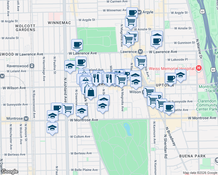 map of restaurants, bars, coffee shops, grocery stores, and more near 1311 West Wilson Avenue in Chicago