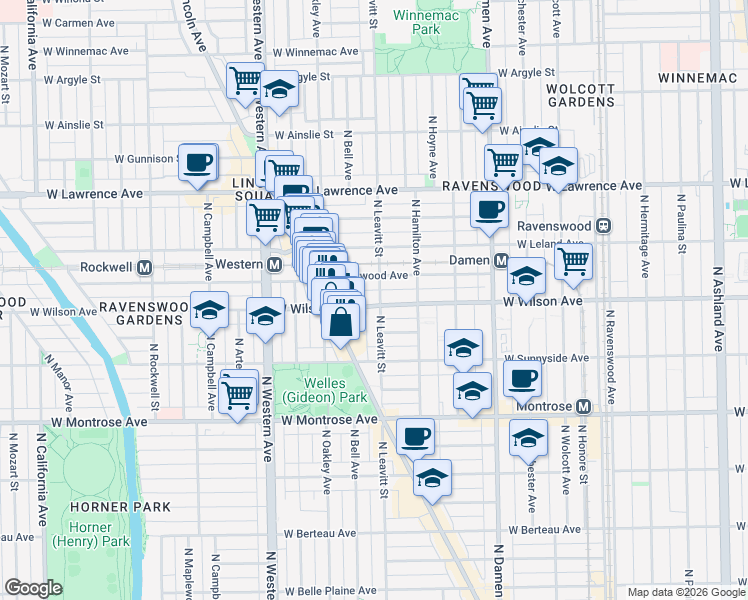 map of restaurants, bars, coffee shops, grocery stores, and more near 4612 North Leavitt Street in Chicago