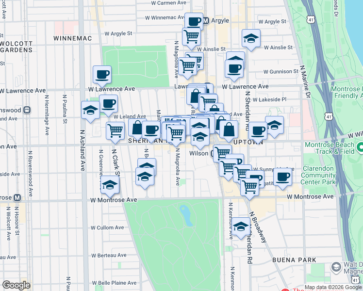 map of restaurants, bars, coffee shops, grocery stores, and more near 1200 West Wilson Avenue in Chicago