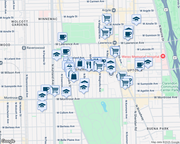 map of restaurants, bars, coffee shops, grocery stores, and more near in Chicago