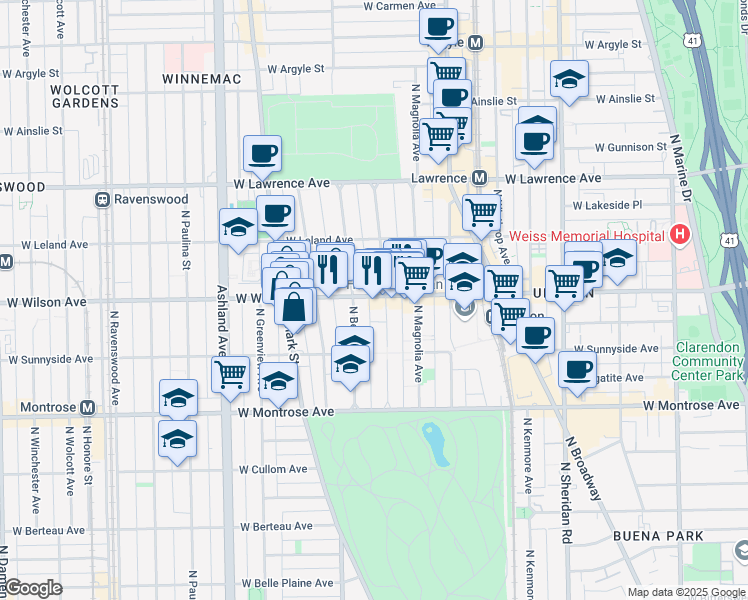 map of restaurants, bars, coffee shops, grocery stores, and more near 4550 Malden Street in Chicago