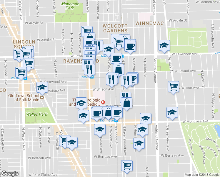 map of restaurants, bars, coffee shops, grocery stores, and more near 4610 North Wolcott Avenue in Chicago