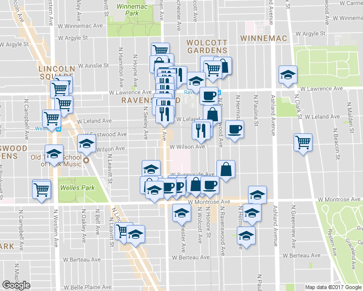 map of restaurants, bars, coffee shops, grocery stores, and more near 4600 North Winchester Avenue in Chicago