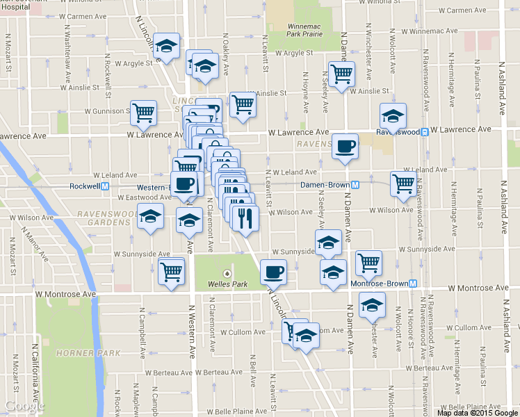 map of restaurants, bars, coffee shops, grocery stores, and more near 4612 North Leavitt Street in Chicago