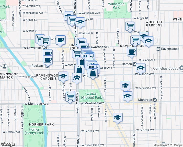 map of restaurants, bars, coffee shops, grocery stores, and more near 4628 North Lincoln Avenue in Chicago
