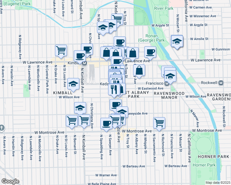 map of restaurants, bars, coffee shops, grocery stores, and more near 4625 North Kedzie Avenue in Chicago
