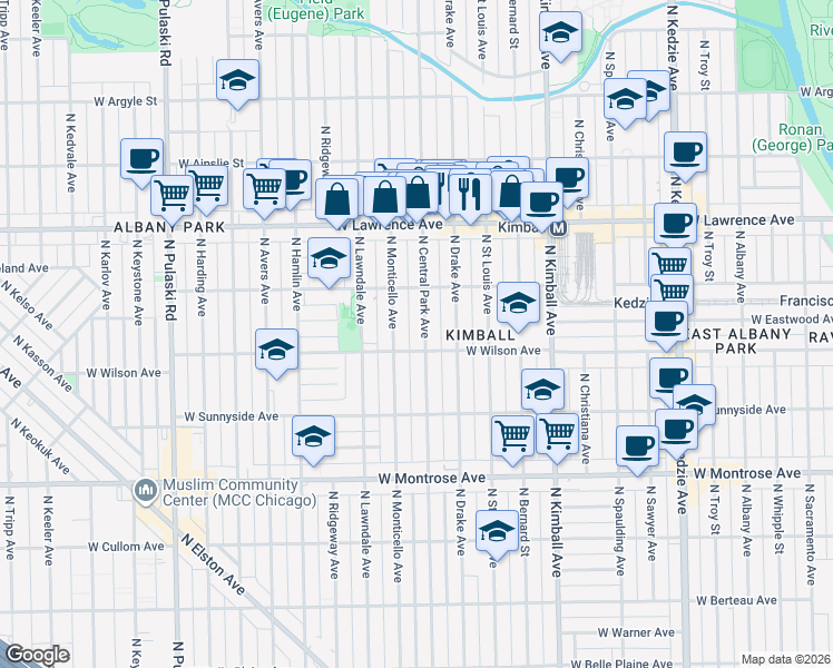 map of restaurants, bars, coffee shops, grocery stores, and more near 4624 North Central Park Avenue in Chicago