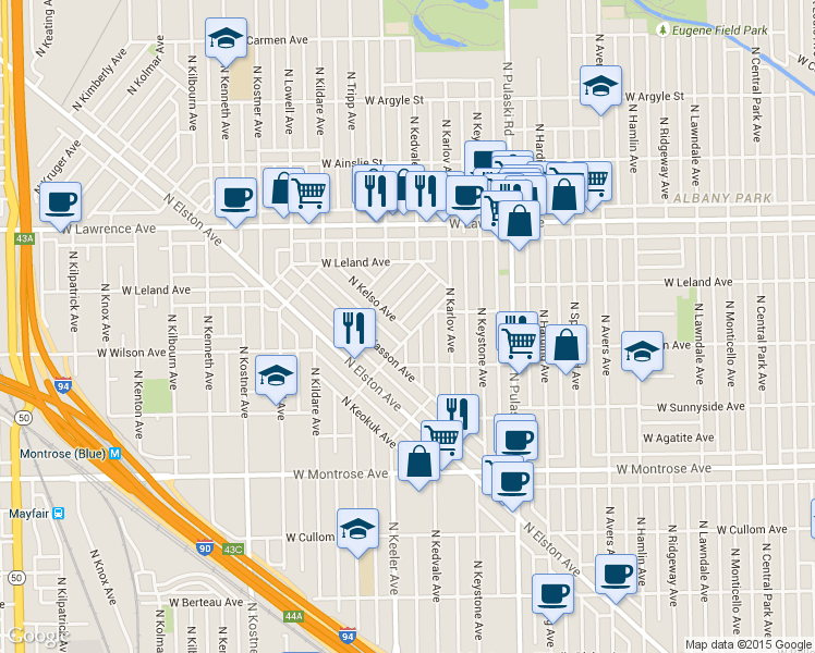 map of restaurants, bars, coffee shops, grocery stores, and more near 4642 North Kennicott Avenue in Chicago