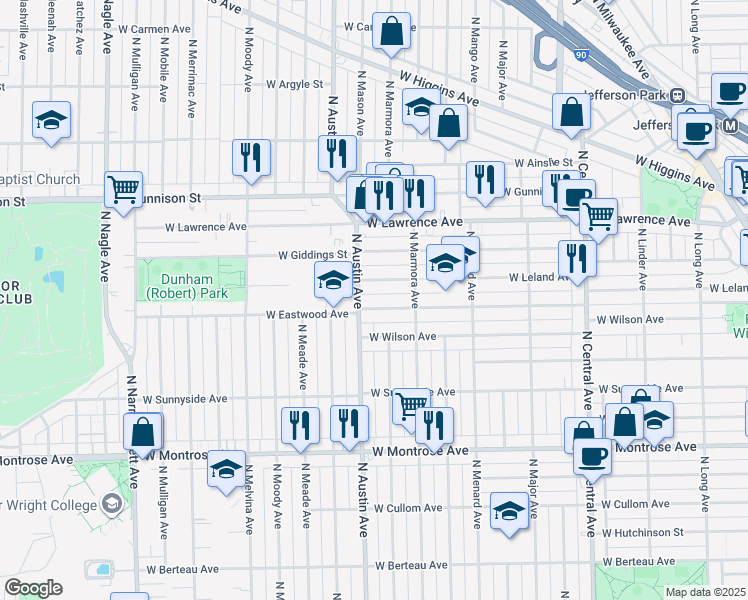map of restaurants, bars, coffee shops, grocery stores, and more near 5959 West Leland Avenue in Chicago