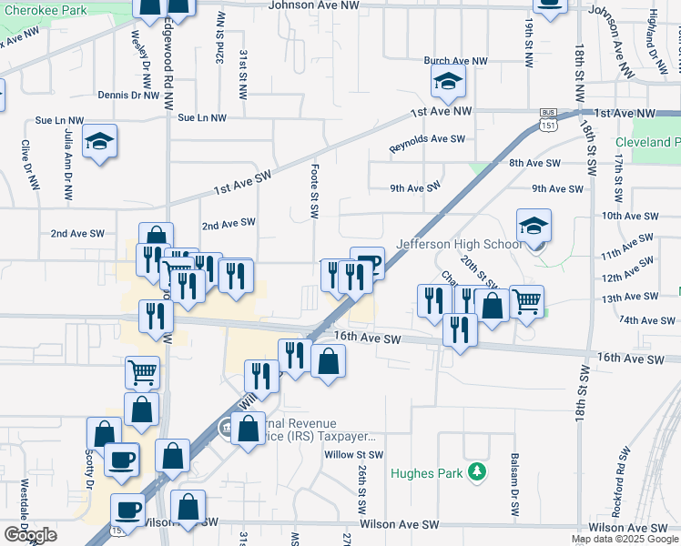 map of restaurants, bars, coffee shops, grocery stores, and more near 2725 12th Avenue Southwest in Cedar Rapids