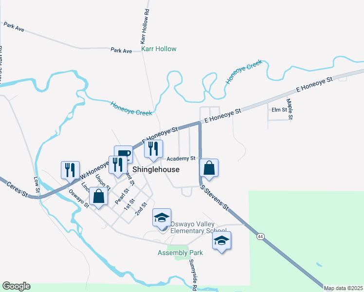 map of restaurants, bars, coffee shops, grocery stores, and more near 1-17 Englar Avenue in Shinglehouse