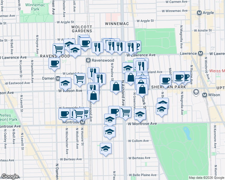 map of restaurants, bars, coffee shops, grocery stores, and more near W Wilson Ave & N Paulina St in Chicago