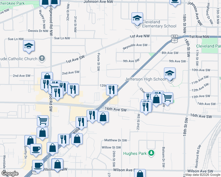 map of restaurants, bars, coffee shops, grocery stores, and more near 2616 12th Avenue Southwest in Cedar Rapids