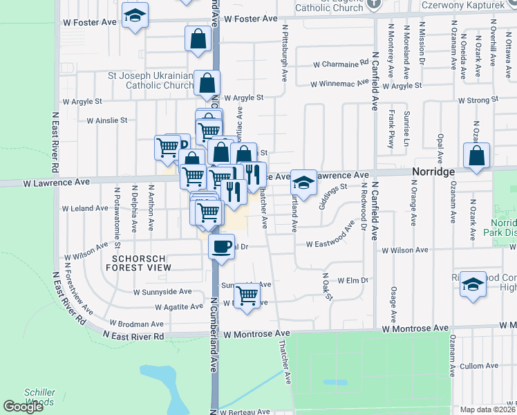 map of restaurants, bars, coffee shops, grocery stores, and more near 4728 Thatcher Avenue in Norridge