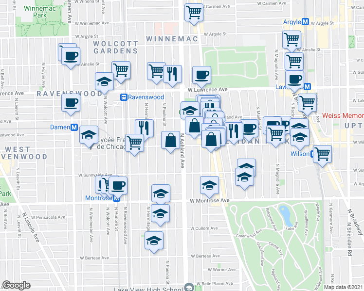 map of restaurants, bars, coffee shops, grocery stores, and more near N Ashland Ave & W Wilson Ave in Chicago
