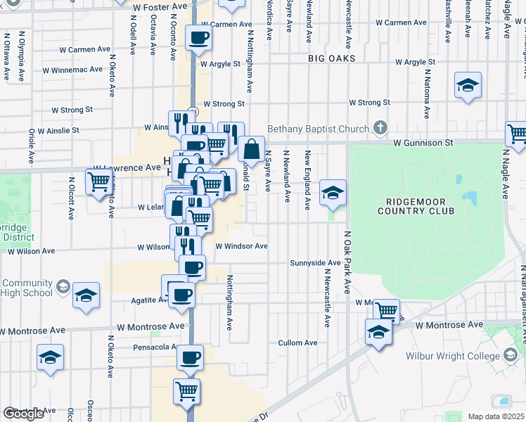 map of restaurants, bars, coffee shops, grocery stores, and more near 4616 North Sayre Avenue in Harwood Heights