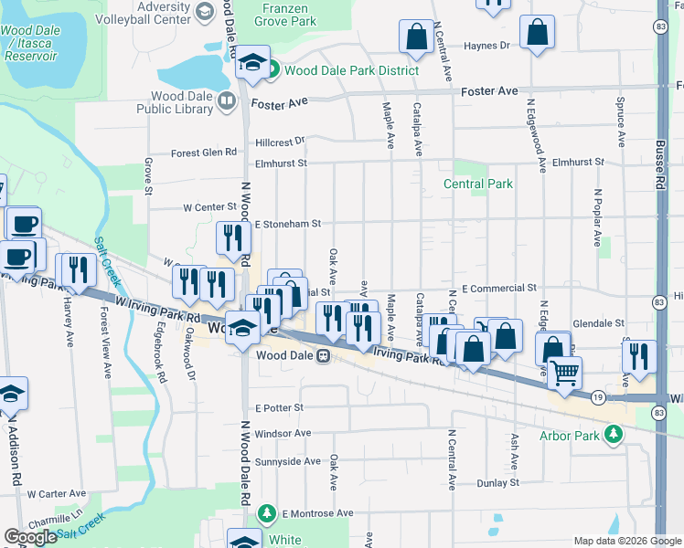 map of restaurants, bars, coffee shops, grocery stores, and more near 348 Oak Avenue in Wood Dale
